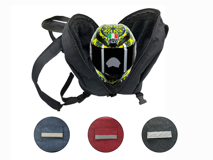 Funda para casco de motocicleta impermeable a salpicaduras, acolchonada y con forro suave para evitar rayones. Compatible con todos los tamaños y modelos de casco (S a XXXL, jet, completo, enduro). Incluye asas superiores, correa tipo mochila y bolsillo exterior con cinta reflejante. Disponible en negro, azul, gris y rojo. Hecho en México con materiales de alta calidad. Funda para casco de motocicleta impermeable a salpicaduras, acolchonada y con forro suave para evitar rayones. Compatible con todos los tamaños y modelos de casco (S a XXXL, jet, completo, enduro). Incluye asas superiores, correa tipo mochila y bolsillo exterior con cinta reflejante. Disponible en negro, azul, gris y rojo. Hecho en México con materiales de alta calidad.